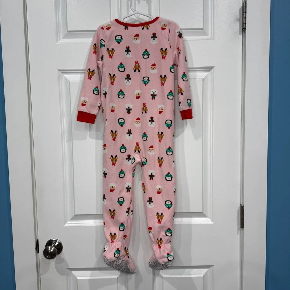 Carters Girls Pink Christmas Fleece Footed Pajamas Santa Reindeer‎ Size 4T